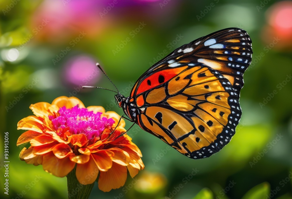 Obraz premium close colorful butterfly resting vibrant flower petals lush garden setting, wings, pollinator, nature, micro, macro, bloom, flora, insect, detail, bright