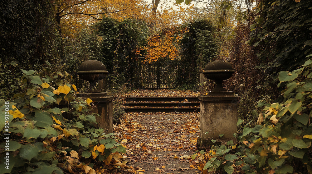 Obraz premium Autumn leaves, path to an abandoned ancient building.