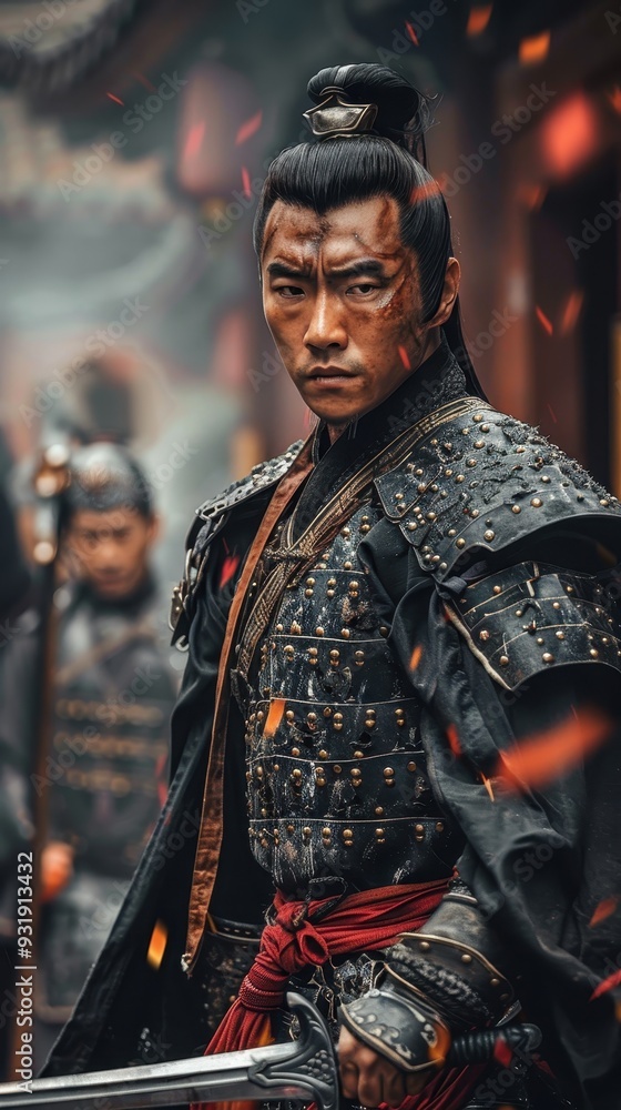 A fierce Chinese warrior stands ready for combat, surrounded by flames and fellow soldiers in a historic landscape A fierce Chinese warrior stands ready for combat, surrounded by flames and fellow soldiers in a historic landscape