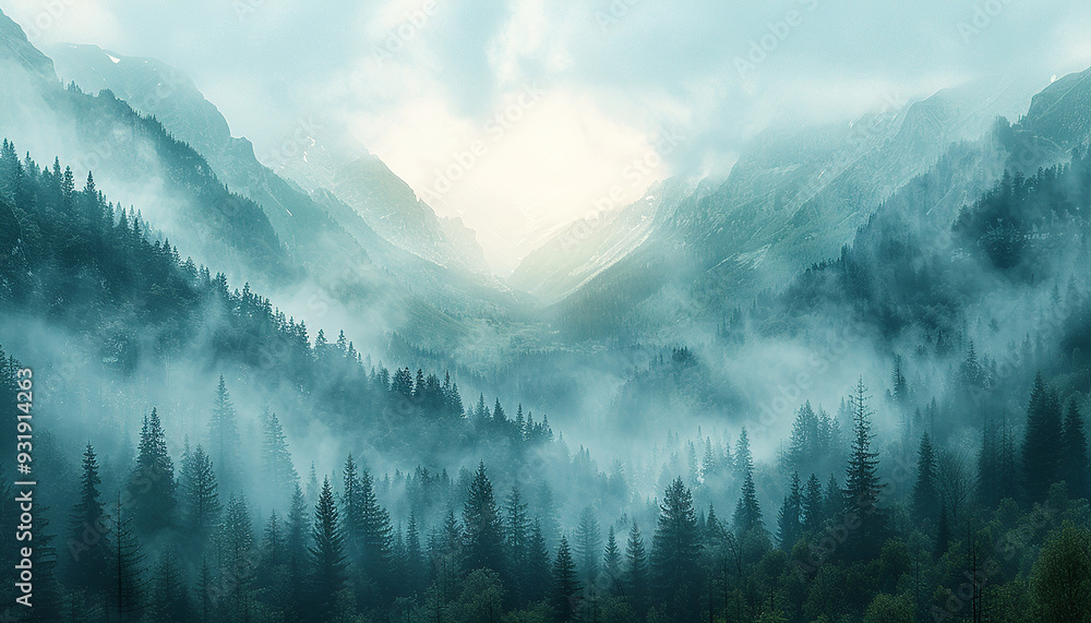 Obraz premium fogy mountain with trees beauty of nature generated by AI