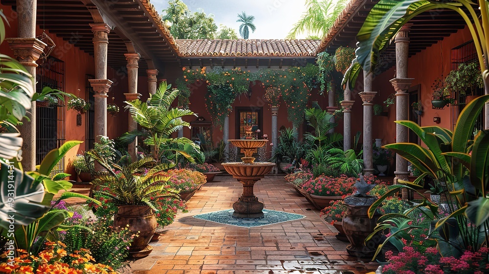 Lush courtyard of a colonial hacienda with vibrant colors Lush courtyard of a colonial hacienda with vibrant colors