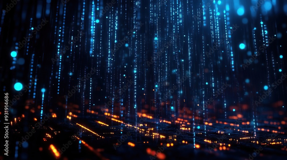Obraz premium A stunning digital rain effect featuring glowing blue and orange lights, perfect for high-tech or futuristic themes.
