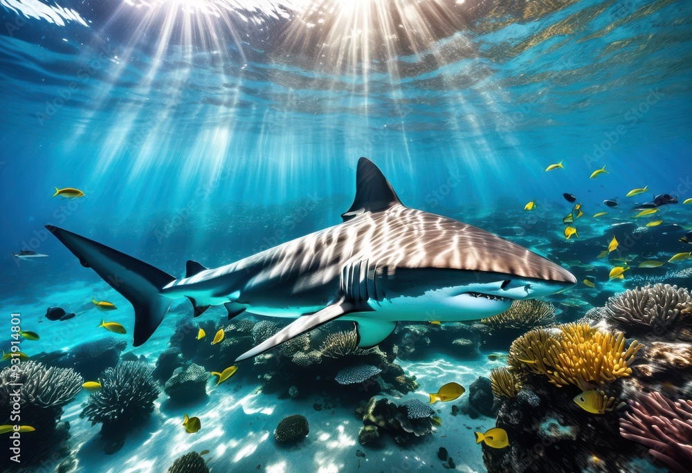 Obraz premium vibrant ocean scene showcasing swimming shark beneath bright blue skies turquoise waters, view, sea, marine, waves, horizon, wildlife, aquatic, scenery