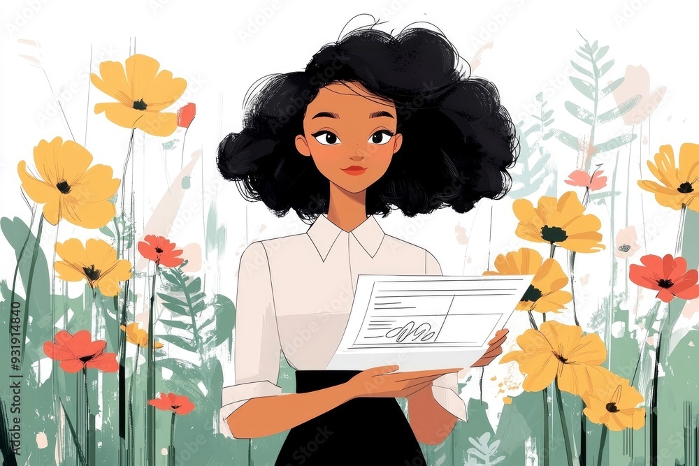 Young Woman Reading a Document in a Garden Young Woman Reading a Document in a Garden