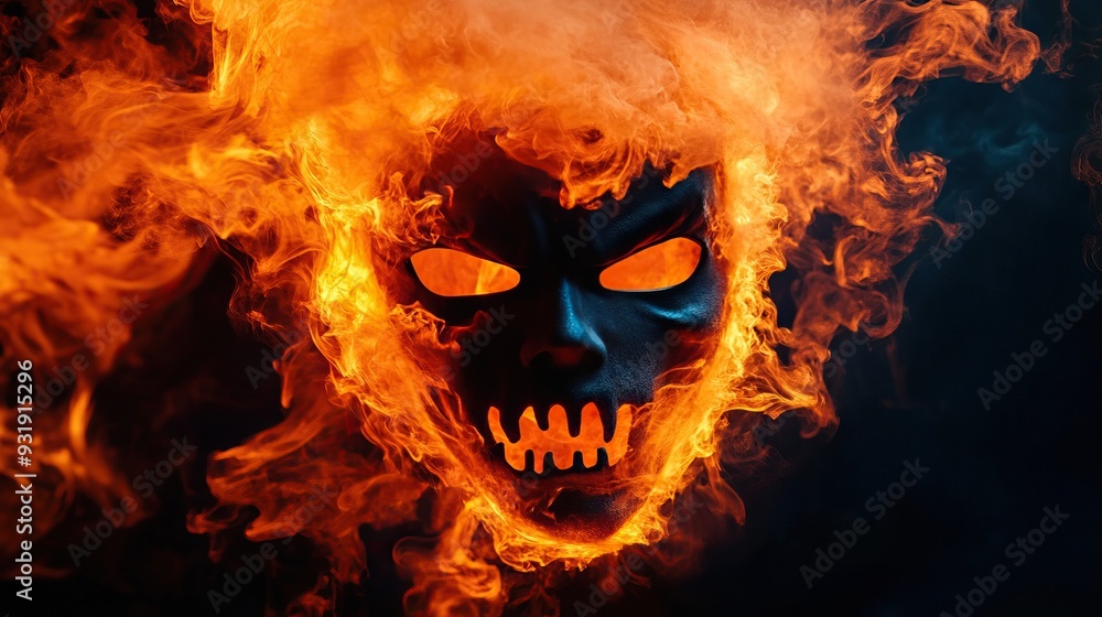 An eerie mask surrounded by vibrant flames, evoking a sense of danger and mystery, perfect for Halloween or horror themes. An eerie mask surrounded by vibrant flames, evoking a sense of danger and mystery, perfect for Halloween or horror themes.
