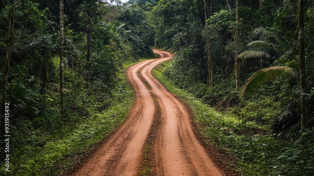 Fototapeta premium Jungle dirt road stretching into the dense vegetation, offering a glimpse of the wild and mysterious forest.