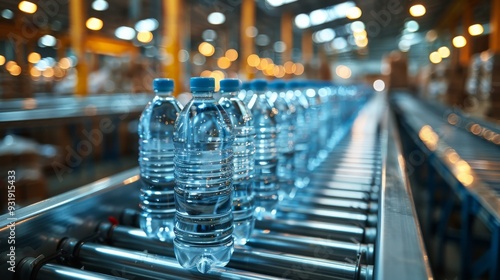 Shipping containers filled with water bottles being transported on a conveyor belt system in a large distribution center