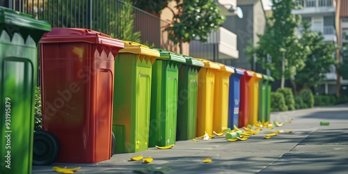 Garbage Trash Bins in Multiple Colors. 3D Illustration, Generative AI.