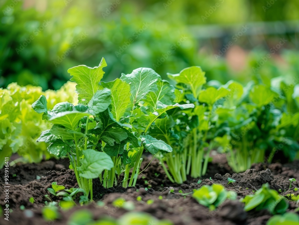 Obraz premium Close-up of fresh green lettuce and chard plants growing in rich, fertile soil in a home garden, surrounded by lush greenery.