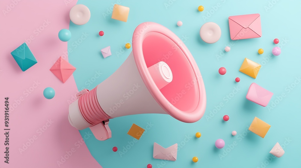 Pink Megaphone and Colorful Shapes on a Blue and Pink Background Pink Megaphone and Colorful Shapes on a Blue and Pink Background