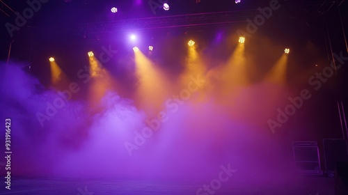 dramatic stage with deep purple and gold lighting smoke effects