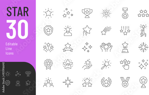 Star Line Editable Icons set. Vector illustration in modern thin line style of achievement related icons: lounge zone, parking, playground, spa, and more. Pictograms and infographics