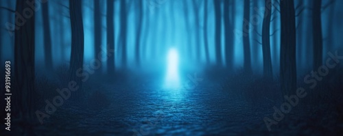 Ghostly forest path, glowing mist, 3D illustration