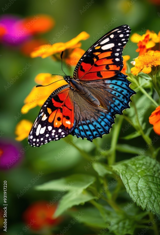 vibrant butterfly resting colorful flower blooms lush garden setting bright petals leafy background, pollination, nature, insects, flora, wings, spring vibrant butterfly resting colorful flower blooms lush garden setting bright petals leafy background, pollination, nature, insects, flora, wings, spring