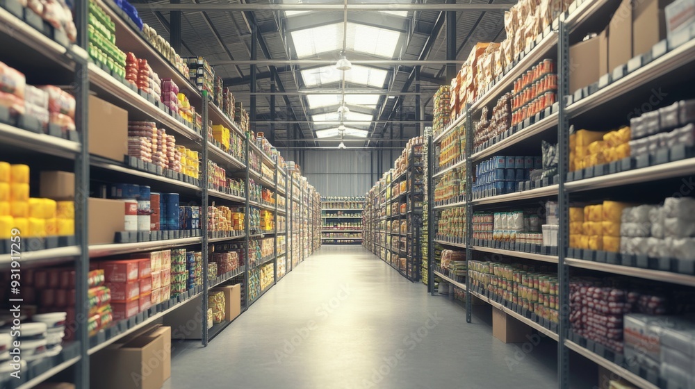 A vast warehouse aisle featuring numerous shelving units filled with bulk inventory items A vast warehouse aisle featuring numerous shelving units filled with bulk inventory items