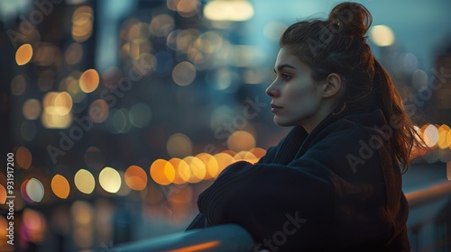 A reflective moment of the woman leaning against the bridge railing, looking out over the cityscape with a contemplative expression, captured against the blurred lights of the city.