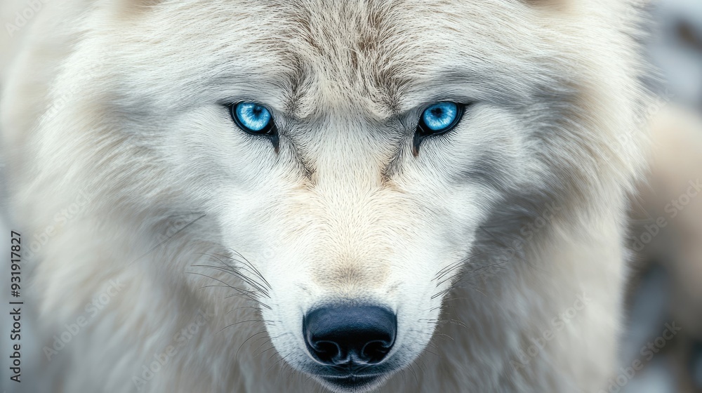 Obraz premium Majestic portrait of a white wolf with piercing blue eyes, capturing the beauty and intensity of this wild animal.