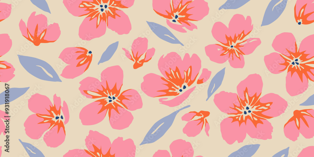 Fototapeta premium Exotic hand drawn flowers, seamless patterns with floral for fabric, textiles, clothing, wrapping paper, cover, banner, home decor, abstract backgrounds. Vector illustration.
