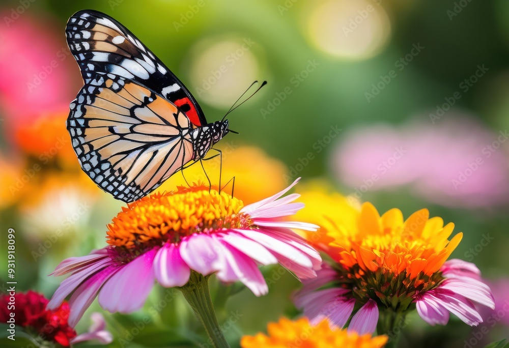 Obraz premium colorful butterfly perched gracefully vibrant flower blooms lush garden setting, insect, pollinator, nature, wings, purple, yellow, blue, red, orange, pink