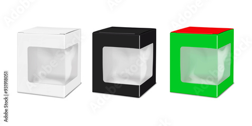 Square cardboard box with clear plastic window. White, black, color. Realistic 3d vector mock-up. Transparent paper gift box. Mockup. Empty paperboard cube packaging. Easy editable template