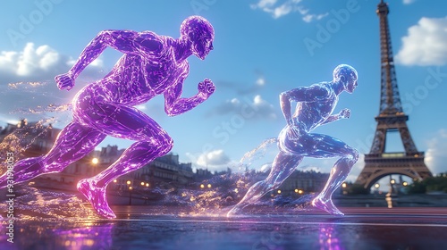 two people running in a race in front of the eiffel tower photo