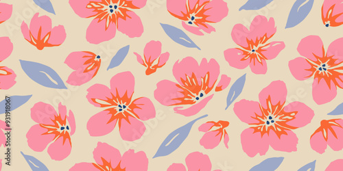 Exotic hand drawn flowers, seamless patterns with floral for fabric, textiles, clothing, wrapping paper, cover, banner, home decor, abstract backgrounds. Vector illustration.