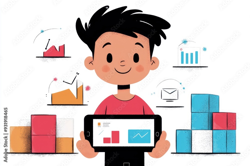 Young boy looking at data on a tablet with charts and graphs Young boy looking at data on a tablet with charts and graphs