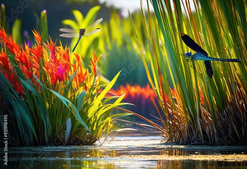lively crocodile habitat colorful wetlands showcasing rich flora fauna interactions under bright sunlight, wildlife, ecosystem, vegetation, nature, biodiversity photo