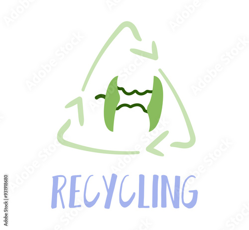 Recycling sign in hand drawn style. Food waste green icon on white background. Bitten apple, recycle sign label or sticker. Eco logo.