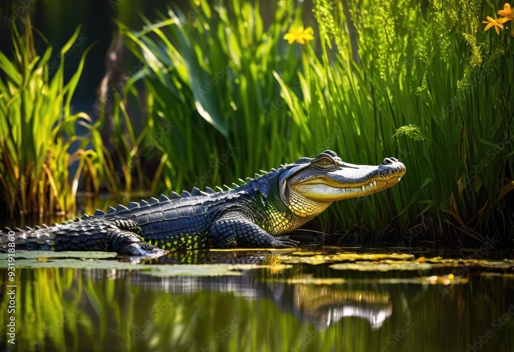 Obraz premium vibrant alligator habitat featuring lush green wetlands bright colors rich flora, fauna, greenery, nature, ecosystem, wildlife, marsh, swamp, water