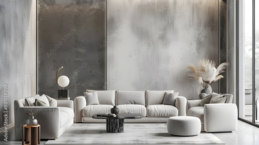 a modern, traditional white-beige interior with shelves, potted plants, and a big lamp. Empty wall mockup. 3d rendering. High quality a modern, traditional white-beige interior with shelves, potted plants, and a big lamp. Empty wall mockup. 3d rendering. High quality