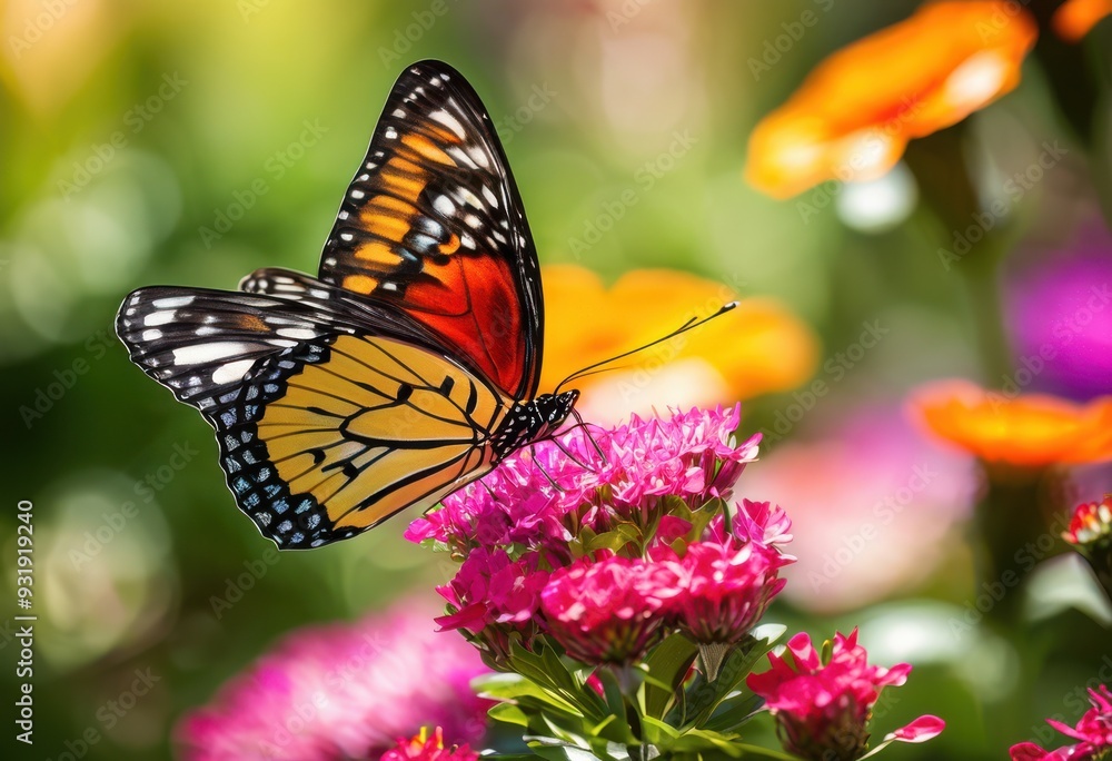 vibrant butterfly hovering over colorful flower blossoms lush garden setting, colors, wings, pollinator, petals, bloom, insect, flora, beauty, wildlife vibrant butterfly hovering over colorful flower blossoms lush garden setting, colors, wings, pollinator, petals, bloom, insect, flora, beauty, wildlife