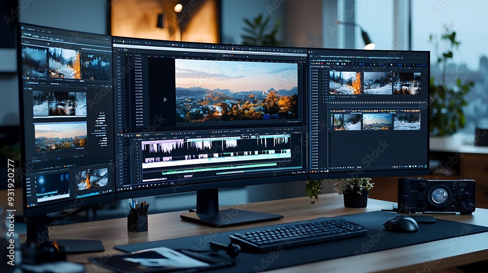 semi close-up of a video editor's desk with high-resolution stock footage on a computer screen, various clips displayed, professional editing software interface, warm lighting creating a focused semi close-up of a video editor's desk with high-resolution stock footage on a computer screen, various clips displayed, professional editing software interface, warm lighting creating a focused