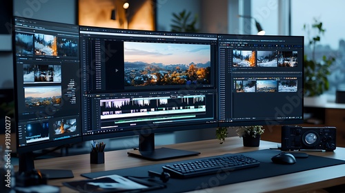 semi close-up of a video editor's desk with high-resolution stock footage on a computer screen, various clips displayed, professional editing software interface, warm lighting creating a focused