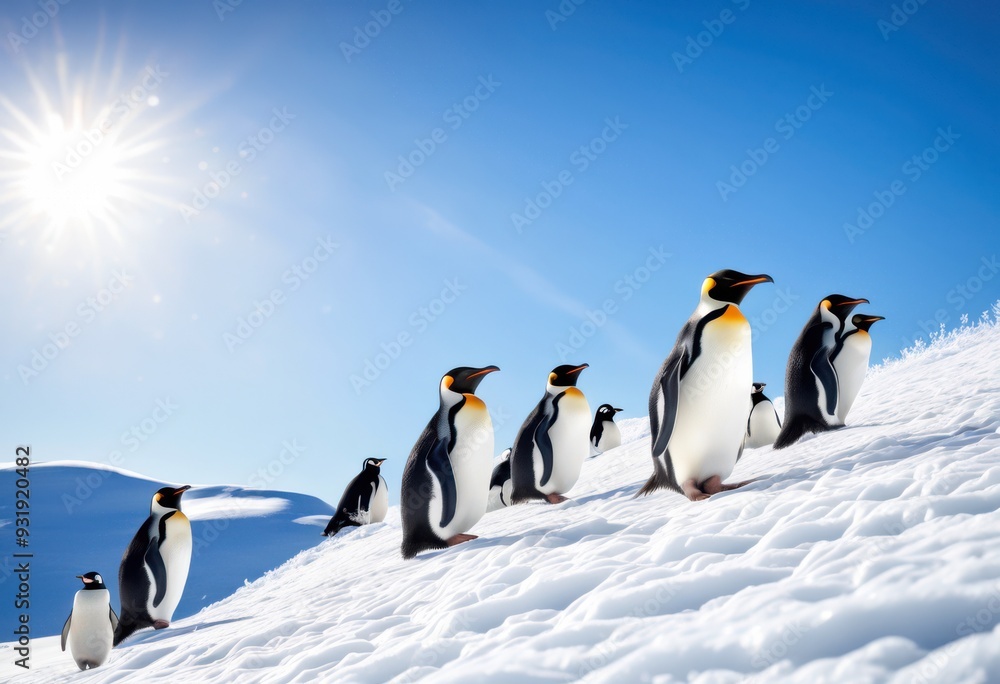 Obraz premium joyful penguins sliding across winter landscape snowy hills glimmering ice, animal, arctic, blue, cold, creature, exploration, feathers, flippers, fluffy