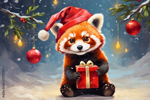 Red Panda wearing a santa hat portrait painting with christmas gift box, seasonal holiday winter theme concept texture design. 