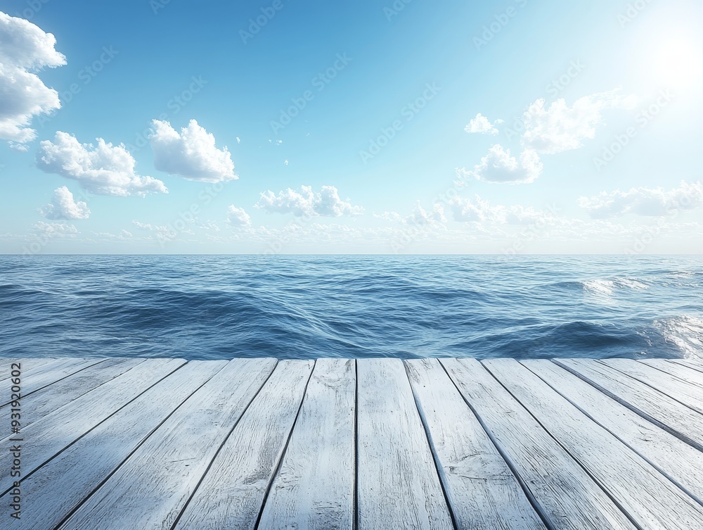 Low Angle View of Wooden Deck Overlooking a Blue Sea with White Clouds and Sun in the Distance Low Angle View of Wooden Deck Overlooking a Blue Sea with White Clouds and Sun in the Distance