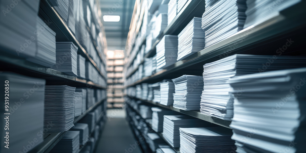 Document Archiving background wallpaper. Efficient Storage Systems, shelves with rows of stacks of paper sheets documents. Document Archiving background wallpaper. Efficient Storage Systems, shelves with rows of stacks of paper sheets documents.