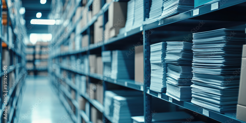 Document Archiving background wallpaper. Efficient Storage Systems, shelves with rows of stacks of paper sheets documents. Document Archiving background wallpaper. Efficient Storage Systems, shelves with rows of stacks of paper sheets documents.