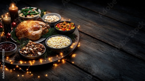 A beautifully arranged festive meal featuring turkey, sides, and candles, perfect for holiday celebrations and gatherings. photo