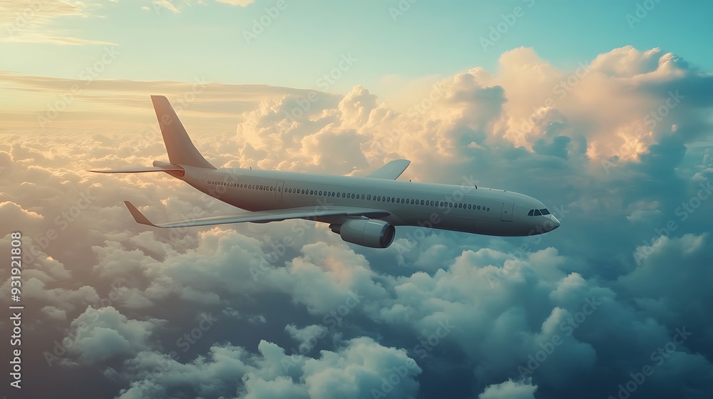Fototapeta premium Airplane Soaring Above the Clouds at Sunset