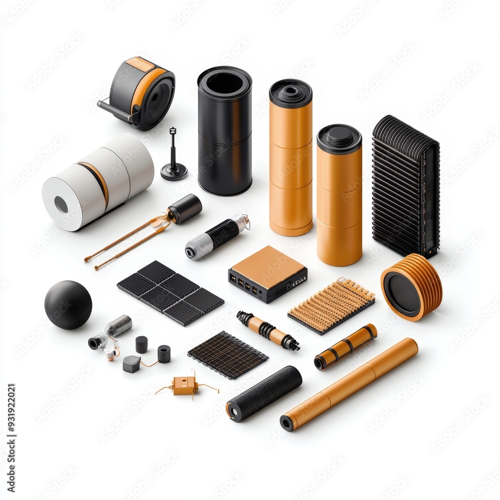 A collection of modern industrial components in black and orange, showcasing various shapes and textures for creative projects. A collection of modern industrial components in black and orange, showcasing various shapes and textures for creative projects.
