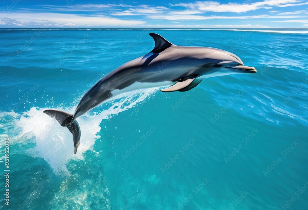 Fototapeta premium dynamic dolphin jumps gracefully through serene ocean swells under bright blue sky, water, sea, marine, creature, playful, fluidity, waves, glide, splash