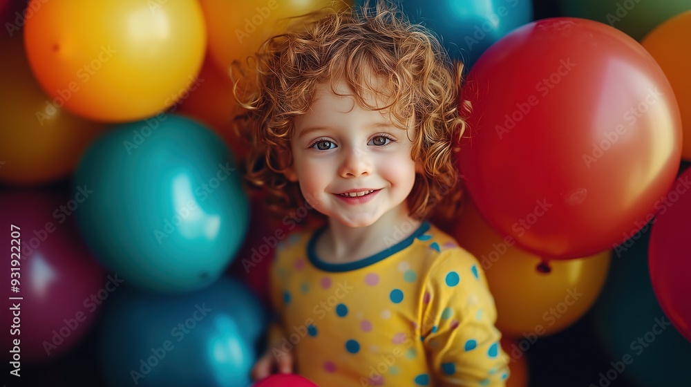 Obraz premium Child stands with balloons in hand and smiling, holiday, fun, elebration