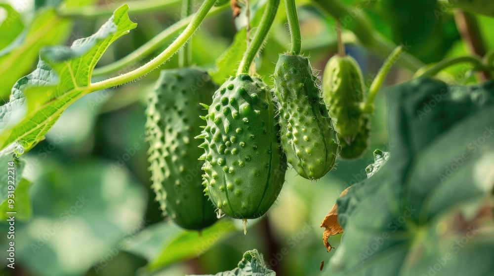 Growth and maturation of green greenhouse prickly climbing cucumbers hanging on a branch Close up selective focus Growth and maturation of green greenhouse prickly climbing cucumbers hanging on a branch Close up selective focus