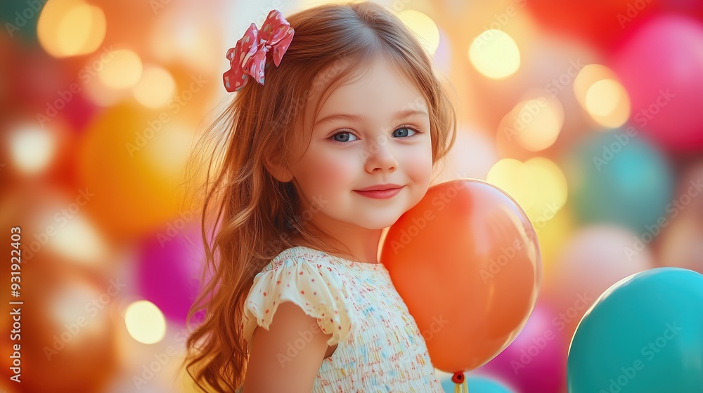 Child stands with balloons in hand and smiling, holiday, fun, elebration Child stands with balloons in hand and smiling, holiday, fun, elebration