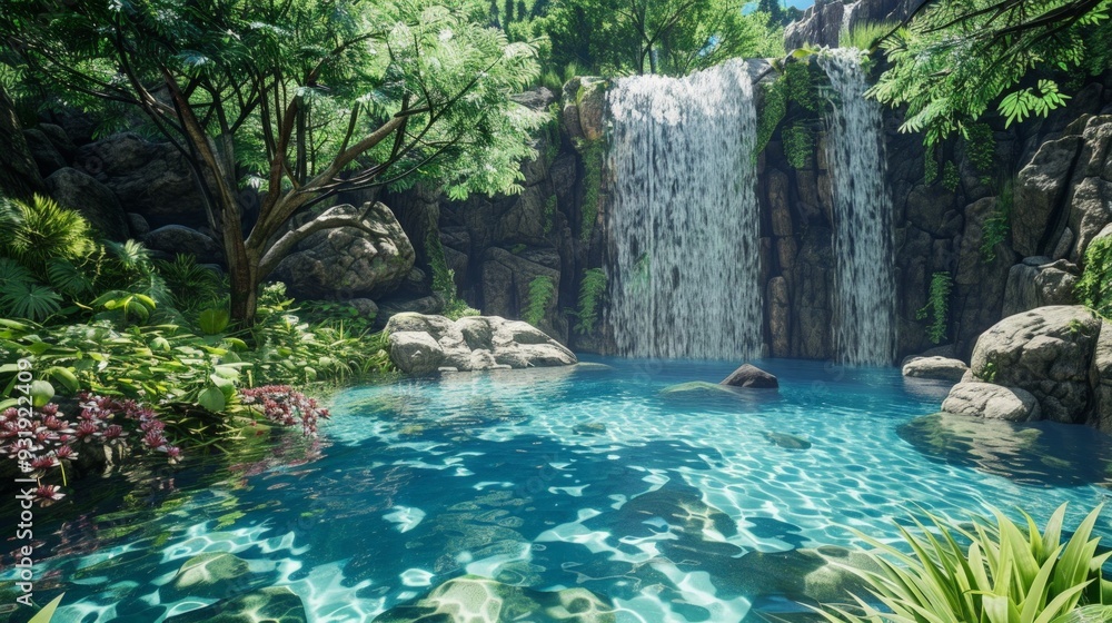 Naklejka premium A scenic waterfall cascading into a crystal-clear pool surrounded by lush greenery, ultra-realistic textures with fine details and vibrant colors