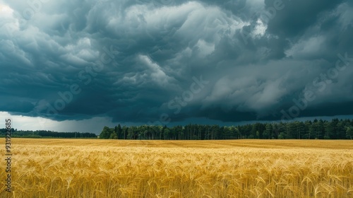 Dark storm clouds above the golden agricultural field and forest Overcast day rain wind Idyllic rural scene Baltic nature seasons environmental conservation ecology Panoramic scenery photo