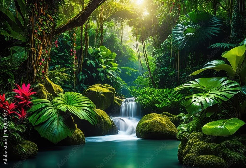 Fototapeta premium lush vibrant jungle landscape featuring unique animal shapes colorful natural habitat, scenery, animals, nature, foliage, plants, colors, wildlife, tropical