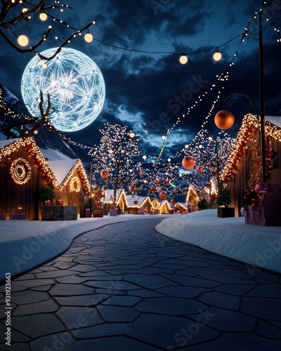 Wallpaper Mural A magical winter village illuminated by festive lights under a glowing moon, creating a serene seasonal atmosphere. Torontodigital.ca